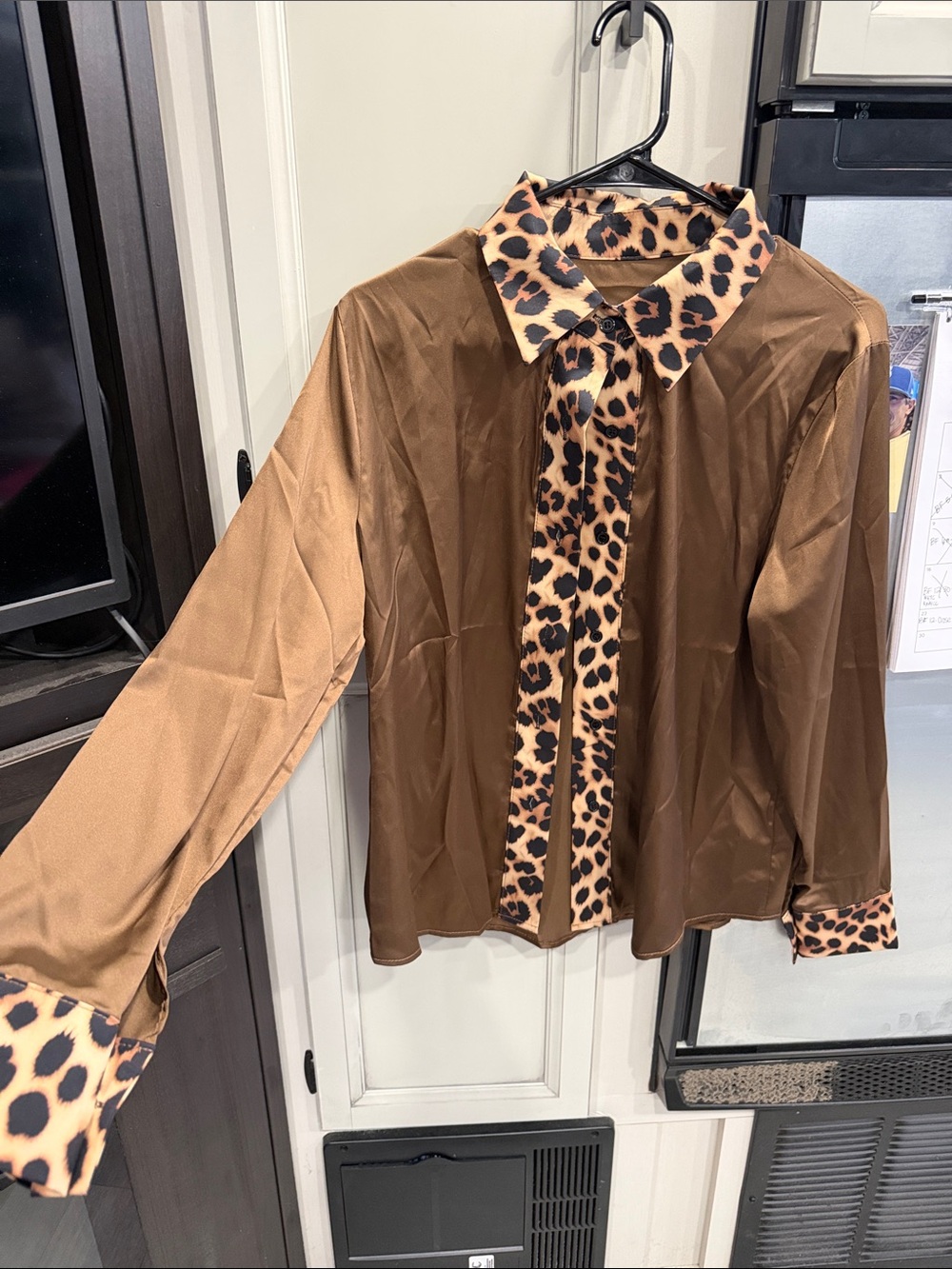 SHEIN Brown Satin Button-Up Shirt with Leopard Trim